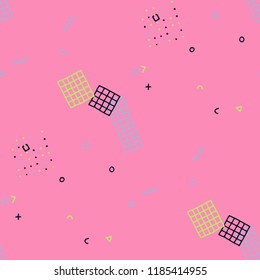 Vintage Memphis Pattern. Seamless Background for Wallpaper, Calico, Fabric in Trendy Style. Colorful Geometric Pattern with Hand Drawn Scribble Elements. Colorful Triangles, Rings, Zigzags and Dots.