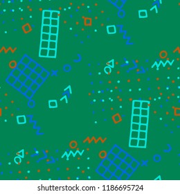 Vintage Memphis Pattern. Seamless Background for Banner, Poster, Cloth in Trendy Style. Colorful Geometric Pattern with Hand Drawn Scribble Elements. Colorful Triangles, Rings, Zigzags and Dots.