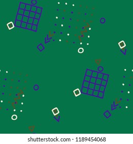 Vintage Memphis Pattern. Seamless Background for Banner, Poster, Cover in Trendy Style. Colorful Geometric Pattern with Hand Drawn Scribble Elements. Colorful Triangles, Rings, Zigzags and Dots.