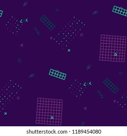 Vintage Memphis Pattern. Seamless Background for Banner, Fabric, Cloth in Trendy Style. Colorful Geometric Pattern with Hand Drawn Scribble Elements. Colorful Triangles, Rings, Zigzags and Dots.