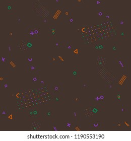 Vintage Memphis Pattern. Seamless Background for Wallpaper, Cotton, Swimwear in Trendy Style. Colorful Geometric Pattern with Hand Drawn Scribble Elements. Colorful Triangles, Rings, Zigzags and Dots.