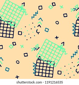 Vintage Memphis Pattern. Seamless Background for Card, Banner, Cover in Trendy Style. Colorful Geometric Pattern with Hand Drawn Scribble Elements. Colorful Triangles, Rings, Zigzags and Dots.