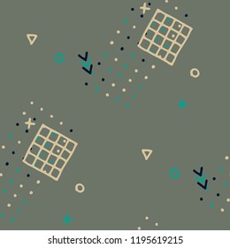 Vintage Memphis Pattern. Seamless Background for Card, Print, Textile in Trendy Style. Colorful Geometric Pattern with Hand Drawn Scribble Elements. Colorful Triangles, Rings, Zigzags and Dots.