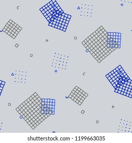 Vintage Memphis Pattern. Seamless Background for Banner, Poster, Cover in Trendy Style. Bright Geometric Pattern with Hand Drawn Scribble Elements. Colorful Triangles, Rings, Zigzags and Dots.