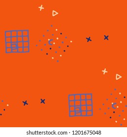 Vintage Memphis Pattern. Seamless Background for Banner, Fabric, Cloth in Trendy Style. Bright Geometric Pattern with Hand Drawn Scribble Elements. Colorful Triangles, Rings, Zigzags and Dots.