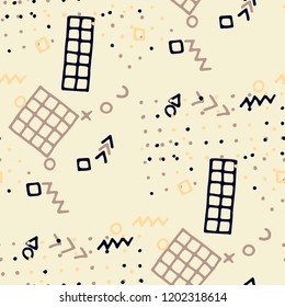 Vintage Memphis Pattern. Seamless Background for Card, Banner, Cover in Trendy Style. Bright Geometric Pattern with Hand Drawn Scribble Elements. Colorful Triangles, Rings, Zigzags and Dots.