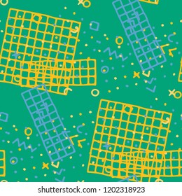 Vintage Memphis Pattern. Seamless Background for Wallpaper, Fabric, Swimwear in Trendy Style. Colorful Geometric Pattern with Hand Drawn Scribble Elements. Colorful Triangles, Rings, Zigzags and Dots.
