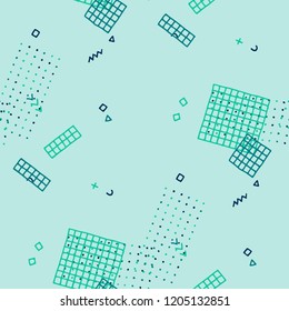 Vintage Memphis Pattern. Seamless Background for Wallpaper, Calico, Fabric in Trendy Style. Colorful Geometric Pattern with Hand Drawn Scribble Elements. Colorful Triangles, Rings, Zigzags and Dots.