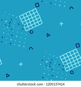 Vintage Memphis Pattern. Seamless Background for Chintz, Cotton, Fabric in Trendy Style. Colorful Geometric Pattern with Hand Drawn Scribble Elements. Colorful Triangles, Rings, Zigzags and Dots.