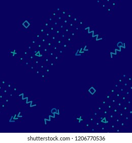 Vintage Memphis Pattern. Seamless Background for Chintz, Cotton, Fabric in Trendy Style. Colorful Geometric Pattern with Hand Drawn Scribble Elements. Colorful Triangles, Rings, Zigzags and Dots.