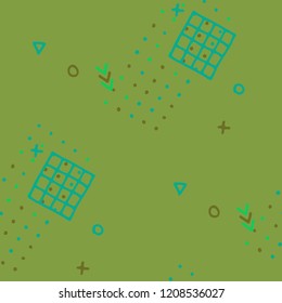 Vintage Memphis Pattern. Seamless Background for Wallpaper, Fabric, Cloth in Trendy Style. Colorful Geometric Pattern with Hand Drawn Scribble Elements. Colorful Triangles, Rings, Zigzags and Dots.