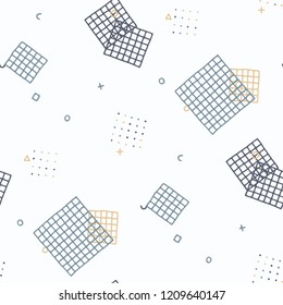 Vintage Memphis Pattern. Seamless Background for Chintz, Cotton, Swimwear in Trendy Style. Bright Geometric Pattern with Hand Drawn Scribble Elements. Colorful Triangles, Rings, Zigzags and Dots.