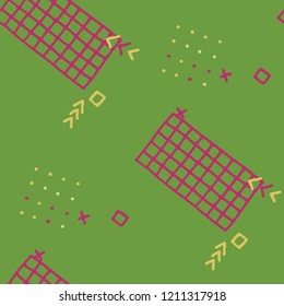 Vintage Memphis Pattern. Seamless Background for Card, Poster, Cover in Trendy Style. Colorful Geometric Pattern with Hand Drawn Scribble Elements. Colorful Triangles, Rings, Zigzags and Dots.