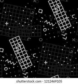 Vintage Memphis Pattern. Seamless Background for Wallpaper, Fabric, Swimwear in Trendy Style. Colorful Geometric Pattern with Hand Drawn Scribble Elements. Colorful Triangles, Rings, Zigzags and Dots.