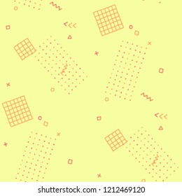 Vintage Memphis Pattern. Seamless Background for Wallpaper, Cotton, Swimwear in Trendy Style. Colorful Geometric Pattern with Hand Drawn Scribble Elements. Colorful Triangles, Rings, Zigzags and Dots.