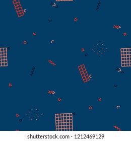 Vintage Memphis Pattern. Seamless Background for Card, Banner, Cover in Trendy Style. Bright Geometric Pattern with Hand Drawn Scribble Elements. Colorful Triangles, Rings, Zigzags and Dots.