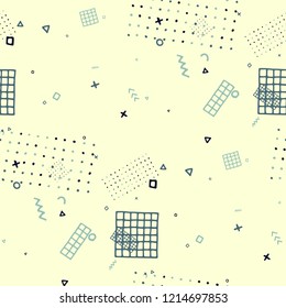Vintage Memphis Pattern. Seamless Background for Wallpaper, Calico, Fabric in Trendy Style. Bright Geometric Pattern with Hand Drawn Scribble Elements. Colorful Triangles, Rings, Zigzags and Dots.