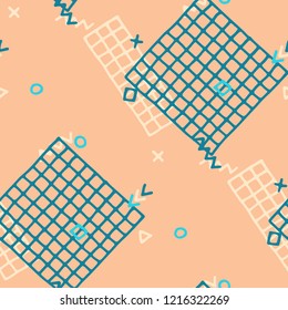 Vintage Memphis Pattern. Seamless Background for Wallpaper, Calico, Textile in Trendy Style. Colorful Geometric Pattern with Hand Drawn Scribble Elements. Colorful Triangles, Rings, Zigzags and Dots.