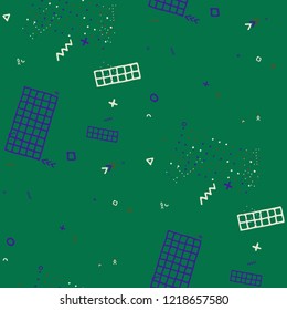 Vintage Memphis Pattern. Seamless Background for Chintz, Cotton, Fabric in Trendy Style. Colorful Geometric Pattern with Hand Drawn Scribble Elements. Colorful Triangles, Rings, Zigzags and Dots.