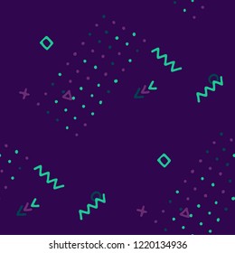 Vintage Memphis Pattern. Seamless Background for Chintz, Cotton, Swimwear in Trendy Style. Colorful Geometric Pattern with Hand Drawn Scribble Elements. Colorful Triangles, Rings, Zigzags and Dots.