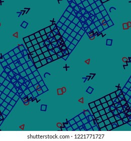Vintage Memphis Pattern. Seamless Background for Banner, Poster, Cloth in Trendy Style. Colorful Geometric Pattern with Hand Drawn Scribble Elements. Colorful Triangles, Rings, Zigzags and Dots.