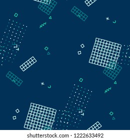 Vintage Memphis Pattern. Seamless Background for Wallpaper, Fabric, Swimwear in Trendy Style. Bright Geometric Pattern with Hand Drawn Scribble Elements. Colorful Triangles, Rings, Zigzags and Dots.