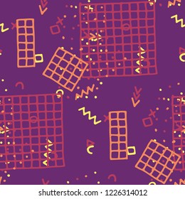 Vintage Memphis Pattern. Seamless Background for Wallpaper, Fabric, Swimwear in Trendy Style. Colorful Geometric Pattern with Hand Drawn Scribble Elements. Colorful Triangles, Rings, Zigzags and Dots.