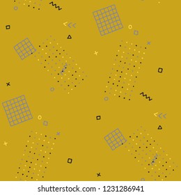 Vintage Memphis Pattern. Seamless Background for Card, Banner, Cover in Trendy Style. Bright Geometric Pattern with Hand Drawn Scribble Elements. Colorful Triangles, Rings, Zigzags and Dots.
