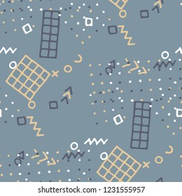 Vintage Memphis Pattern. Seamless Background for Chintz, Calico, Fabric in Trendy Style. Colorful Geometric Pattern with Hand Drawn Scribble Elements. Colorful Triangles, Rings, Zigzags and Dots.
