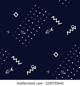Vintage Memphis Pattern. Seamless Background for Wallpaper, Fabric, Swimwear in Trendy Style. Colorful Geometric Pattern with Hand Drawn Scribble Elements. Colorful Triangles, Rings, Zigzags and Dots.