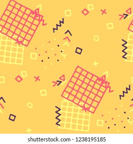 Vintage Memphis Pattern. Seamless Background for Banner, Fabric, Cloth in Trendy Style. Colorful Geometric Pattern with Hand Drawn Scribble Elements. Colorful Triangles, Rings, Zigzags and Dots.