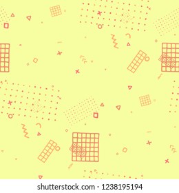 Vintage Memphis Pattern. Seamless Background for Banner, Fabric, Cloth in Trendy Style. Colorful Geometric Pattern with Hand Drawn Scribble Elements. Colorful Triangles, Rings, Zigzags and Dots.