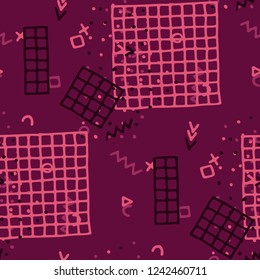 Vintage Memphis Pattern. Seamless Background for Wallpaper, Calico, Fabric in Trendy Style. Colorful Geometric Pattern with Hand Drawn Scribble Elements. Colorful Triangles, Rings, Zigzags and Dots.
