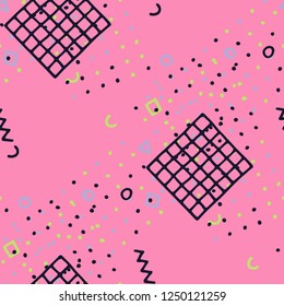 Vintage Memphis Pattern. Seamless Background for Card, Print, Textile in Trendy Style. Bright Geometric Pattern with Hand Drawn Scribble Elements. Colorful Triangles, Rings, Zigzags and Dots.
