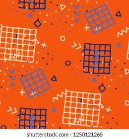 Vintage Memphis Pattern. Seamless Background for Card, Poster, Cover in Trendy Style. Bright Geometric Pattern with Hand Drawn Scribble Elements. Colorful Triangles, Rings, Zigzags and Dots.
