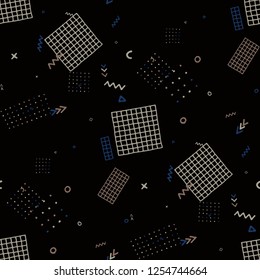 Vintage Memphis Pattern. Seamless Background for Chintz, Cotton, Swimwear in Trendy Style. Bright Geometric Pattern with Hand Drawn Scribble Elements. Colorful Triangles, Rings, Zigzags and Dots.