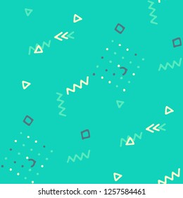 Vintage Memphis Pattern. Seamless Background for Banner, Poster, Cover in Trendy Style. Bright Geometric Pattern with Hand Drawn Scribble Elements. Colorful Triangles, Rings, Zigzags and Dots.