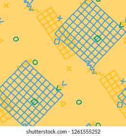 Vintage Memphis Pattern. Seamless Background for Wallpaper, Calico, Fabric in Trendy Style. Colorful Geometric Pattern with Hand Drawn Scribble Elements. Colorful Triangles, Rings, Zigzags and Dots.