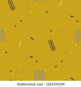 Vintage Memphis Pattern. Seamless Background for Wallpaper, Calico, Textile in Trendy Style. Colorful Geometric Pattern with Hand Drawn Scribble Elements. Colorful Triangles, Rings, Zigzags and Dots.
