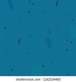 Vintage Memphis Pattern. Seamless Background for Banner, Fabric, Cloth in Trendy Style. Colorful Geometric Pattern with Hand Drawn Scribble Elements. Colorful Triangles, Rings, Zigzags and Dots.
