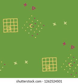 Vintage Memphis Pattern. Seamless Background for Wallpaper, Print, Textile in Trendy Style. Colorful Geometric Pattern with Hand Drawn Scribble Elements. Colorful Triangles, Rings, Zigzags and Dots.