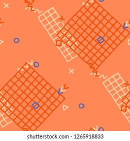 Vintage Memphis Pattern. Seamless Background for Banner, Fabric, Cloth in Trendy Style. Bright Geometric Pattern with Hand Drawn Scribble Elements. Colorful Triangles, Rings, Zigzags and Dots.