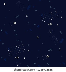 Vintage Memphis Pattern. Seamless Background for Wallpaper, Fabric, Swimwear in Trendy Style. Bright Geometric Pattern with Hand Drawn Scribble Elements. Colorful Triangles, Rings, Zigzags and Dots.