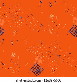 Vintage Memphis Pattern. Seamless Background for Card, Print, Textile in Trendy Style. Bright Geometric Pattern with Hand Drawn Scribble Elements. Colorful Triangles, Rings, Zigzags and Dots.