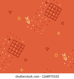 Vintage Memphis Pattern. Seamless Background for Wallpaper, Fabric, Cloth in Trendy Style. Colorful Geometric Pattern with Hand Drawn Scribble Elements. Colorful Triangles, Rings, Zigzags and Dots.