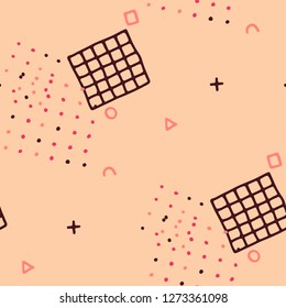 Vintage Memphis Pattern. Seamless Background for Wallpaper, Calico, Fabric in Trendy Style. Colorful Geometric Pattern with Hand Drawn Scribble Elements. Colorful Triangles, Rings, Zigzags and Dots.