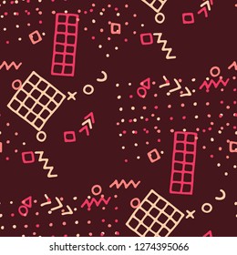 Vintage Memphis Pattern. Seamless Background for Wallpaper, Fabric, Cloth in Trendy Style. Colorful Geometric Pattern with Hand Drawn Scribble Elements. Colorful Triangles, Rings, Zigzags and Dots.