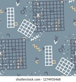 Vintage Memphis Pattern. Seamless Background for Wallpaper, Fabric, Cloth in Trendy Style. Colorful Geometric Pattern with Hand Drawn Scribble Elements. Colorful Triangles, Rings, Zigzags and Dots.