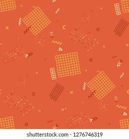 Vintage Memphis Pattern. Seamless Background for Card, Banner, Cover in Trendy Style. Colorful Geometric Pattern with Hand Drawn Scribble Elements. Colorful Triangles, Rings, Zigzags and Dots.