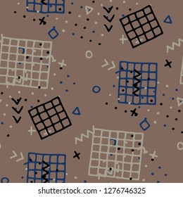 Vintage Memphis Pattern. Seamless Background for Wallpaper, Calico, Fabric in Trendy Style. Colorful Geometric Pattern with Hand Drawn Scribble Elements. Colorful Triangles, Rings, Zigzags and Dots.